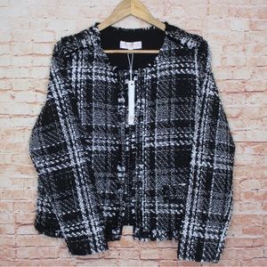 Vanessa Williams | Open Front Black & White Tweed Jacket with Rivet Detailing